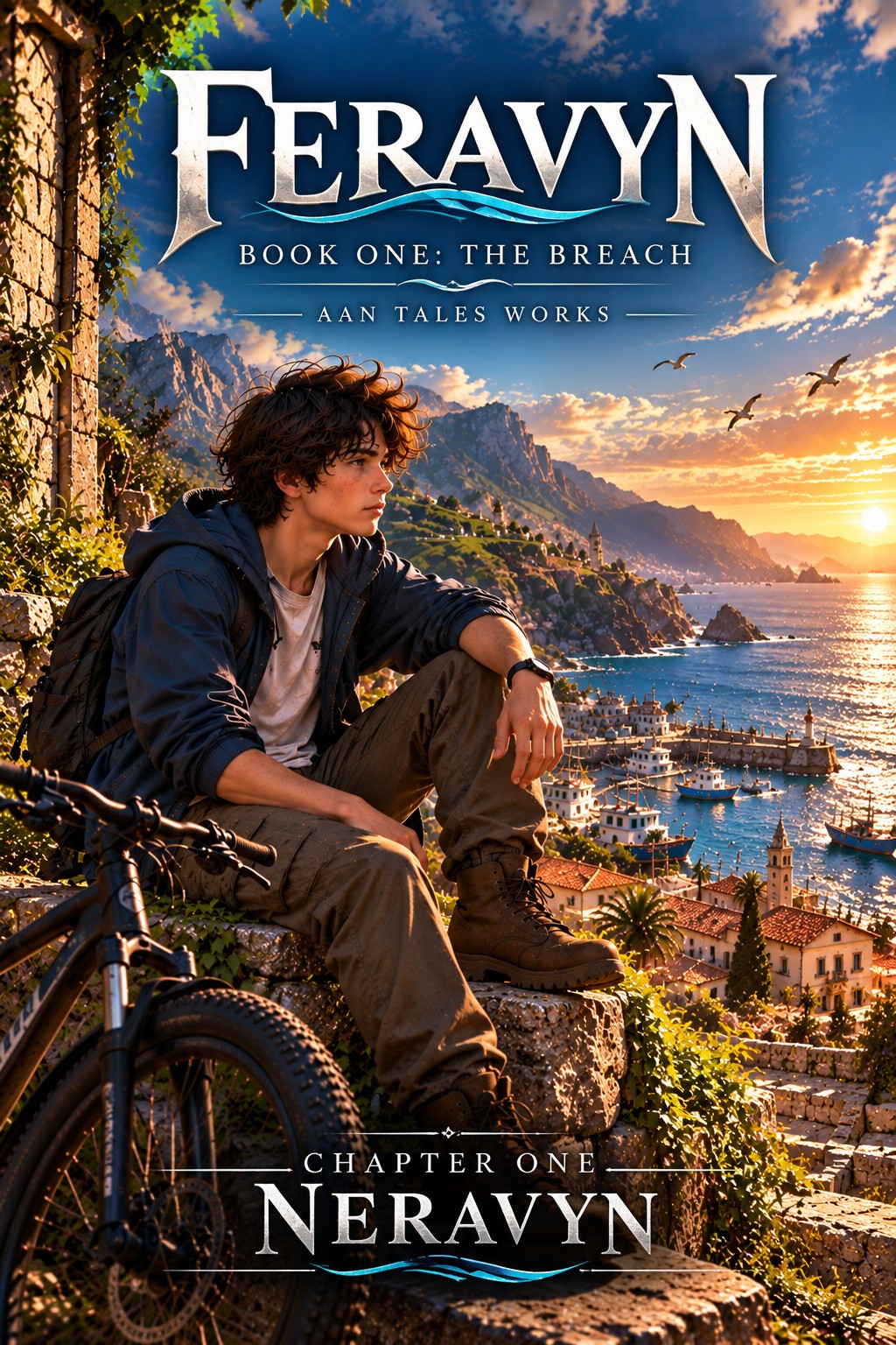 FERAVYN — Book One: The Breach. Chapter One: Neravyn. A young man with a bicycle overlooks a coastal town at sunset.